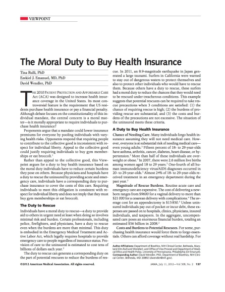 Moral Duty to Buy Health Insurance